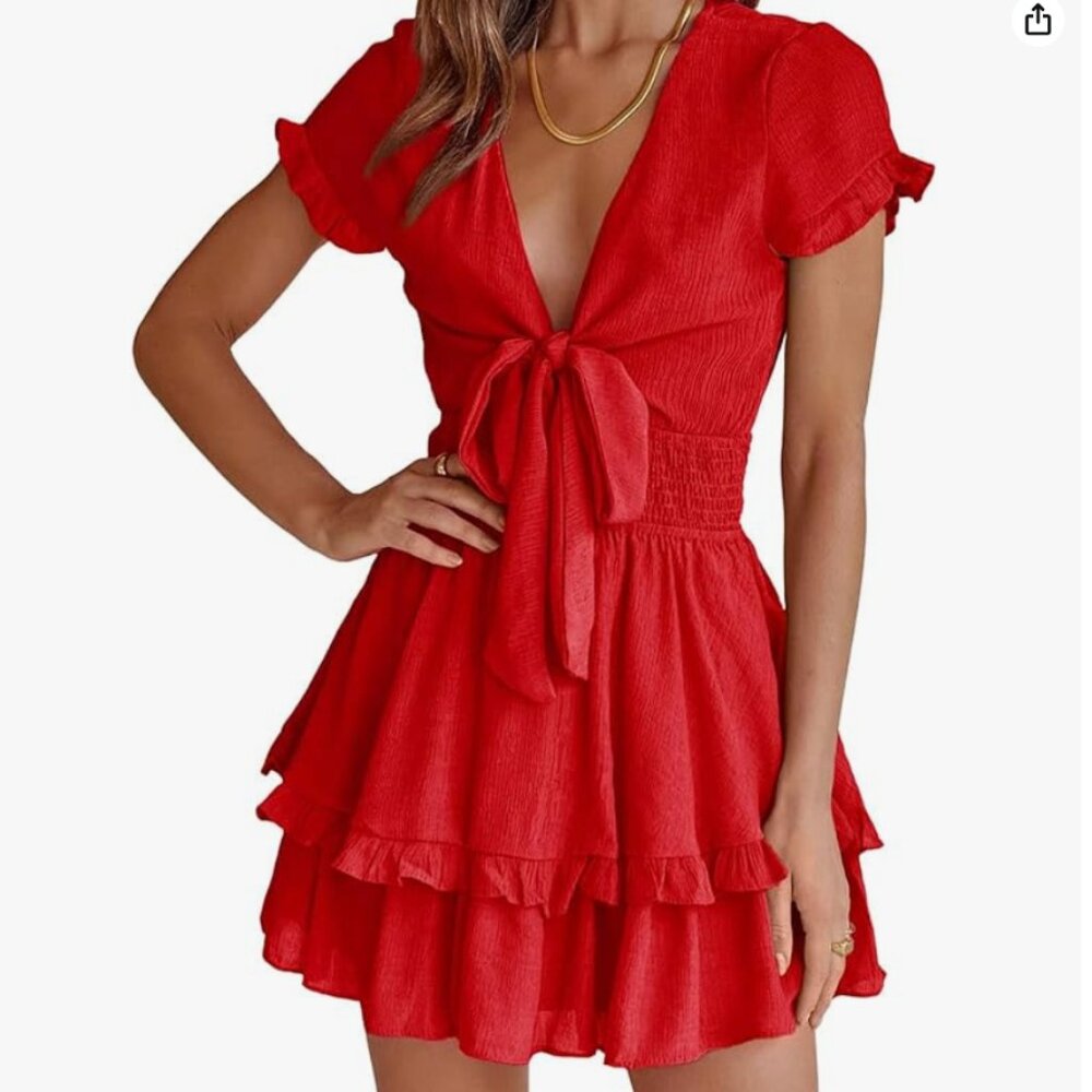 Red Summer V Neck Short Sleeve Tiered Bow Mini Sun Dress - Womens Size XXL